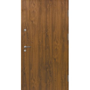 Brązowe drzwi zewnętrzne z fakturą drewna, klamką i wizjerem.