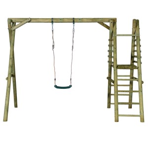 Drewniana huśtawka z drabinką dla dzieci, idealna do ogrodu.