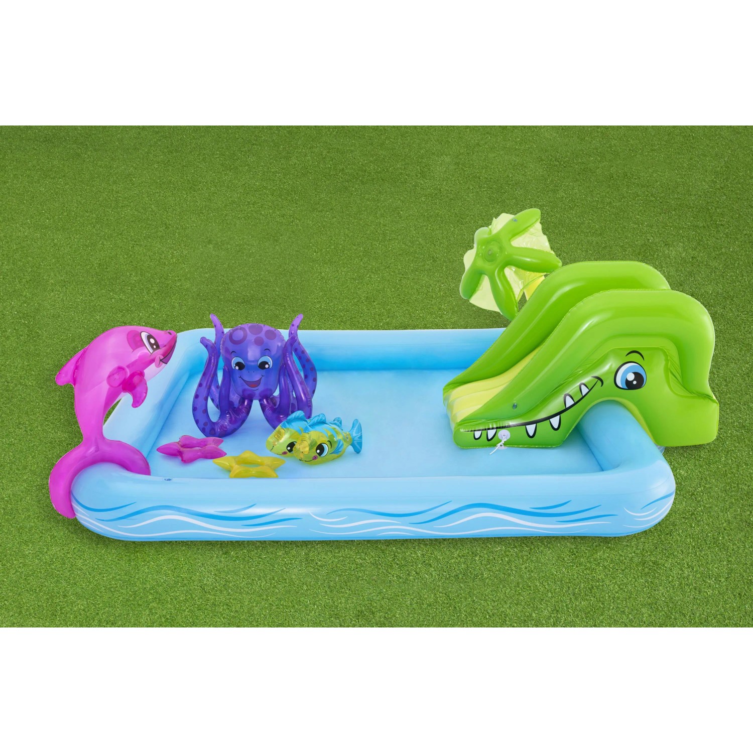 Bestway Wodne centrum zabaw Aquarium ze zjeżdżalnią i figurkami zwierząt morskich.