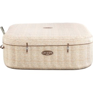 Przykrywane beżowe Lay-Z-Spa Rome Nadmuchiwana wanna z hydromasażem ze wzorem i brązowymi akcentami.