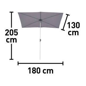 Szary parasol balkonowy, 180x130 cm, z wymiarami wysokości i szerokości.
