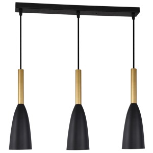 Nowoczesna lampa wisząca t.b.t. z trzema czarnymi kloszami i złotymi akcentami.
