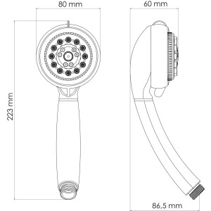 Rysunek techniczny: głowica prysznicowa t.b.t. z wymiarami (wysokość 223mm, szerokość 80mm, głębokość 60mm).