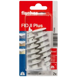 2 szt. kołków do ociepleń Fischer FID II Plus, 8x60mm, do bezpiecznego mocowania w materiałach izolacyjnych.