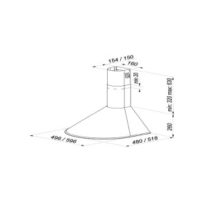 Rysunek techniczny okapu ściennego t.b.t. z wymiarami.