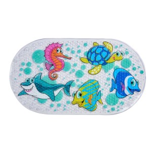 Owalna mata łazienkowa z kolorowymi motywami morskimi (konik morski, żółw, rekin, ryby).