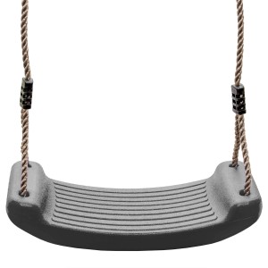 Szara huśtawka z linami dla dzieci do bezpiecznego bujania w ogrodzie.