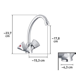 Zdjęcie dwuuchwytowej armatury t.b.t. z wymiarami.