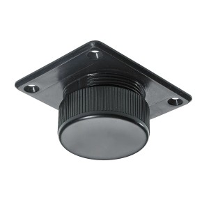 Czarny regulator wysokości mebli Hettich do przykręcania, regulowany do 20 mm.