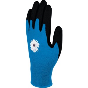 Niebieskie rękawice ogrodowe z czarną powłoką i motywem stokrotki.