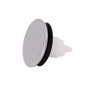 t.b.t. do umywalki, chromowana pokrywa z czarnym pierścieniem uszczelniającym i białą plastikową częścią.