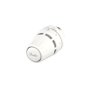 Biała głowica termostatyczna Danfoss do instalacji grzewczych.