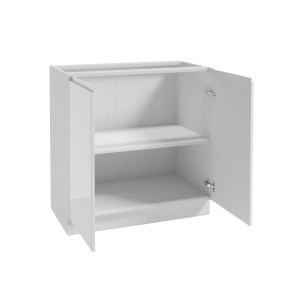 Biała szafka dolna kuchenna (t.b.t.) z otwartymi drzwiami i dwiema półkami.