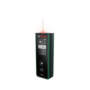 Laserowy dalmierz Bosch Zamo III z wiązką laserową i wyświetlaczem. Zawiera 3 adaptery.