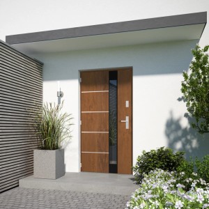 Nowoczesne drzwi zewnętrzne z efektem drewna i elementem szklanym, zamontowane w jasnym domu.