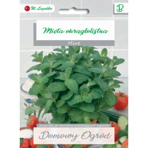 Zdjęcie opakowania nasion z miętą okrągłolistną, aromatycznym składnikiem orzeźwiających napojów.