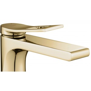 Złota bateria umywalkowa t.b.t. do nowoczesnych łazienek.