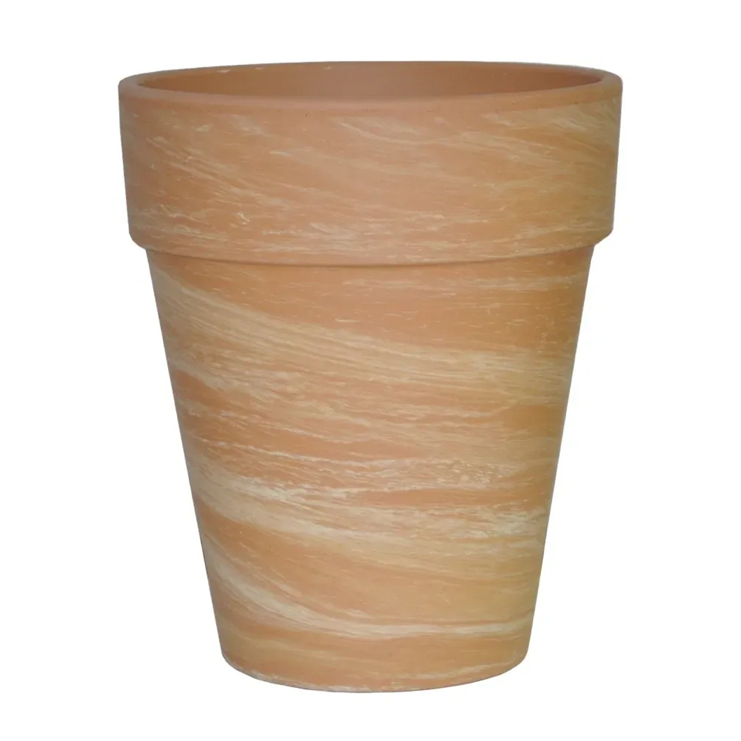 Karmelowa doniczka XL (Ø 17 cm) z terakoty z marmurkowym wzorem.