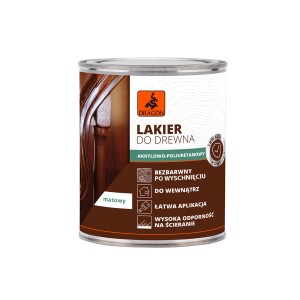 Puszka lakieru do drewna Dragon, bezbarwny, matowy, do wnętrz, łatwa aplikacja, wysoka odporność na ścieranie.