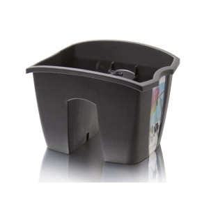 Ciemnoszara skrzynka balkonowa t.b.t. do zawieszenia na balustradzie.