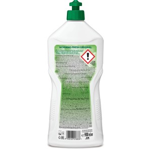 Tył białej butelki płynu do mycia naczyń z zieloną nakrętką. Kategoria: Środki myjące i pielęgnujące.