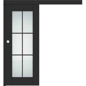 Czarne szklane drzwi przesuwne z sześcioma panelami i uchwytem.