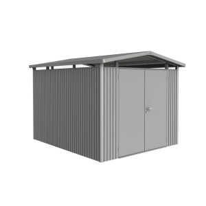 Biohort metalowy domek narzędziowy Panorama, kwarcowy szary, 7,6 m²: Metalowy domek z podwójnymi drzwiami.