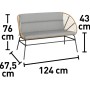 Sofa lounge Costilla, część 4-częściowego zestawu lounge, wicker naturalny, z jasnoszarymi poduszkami i wymiarami.
