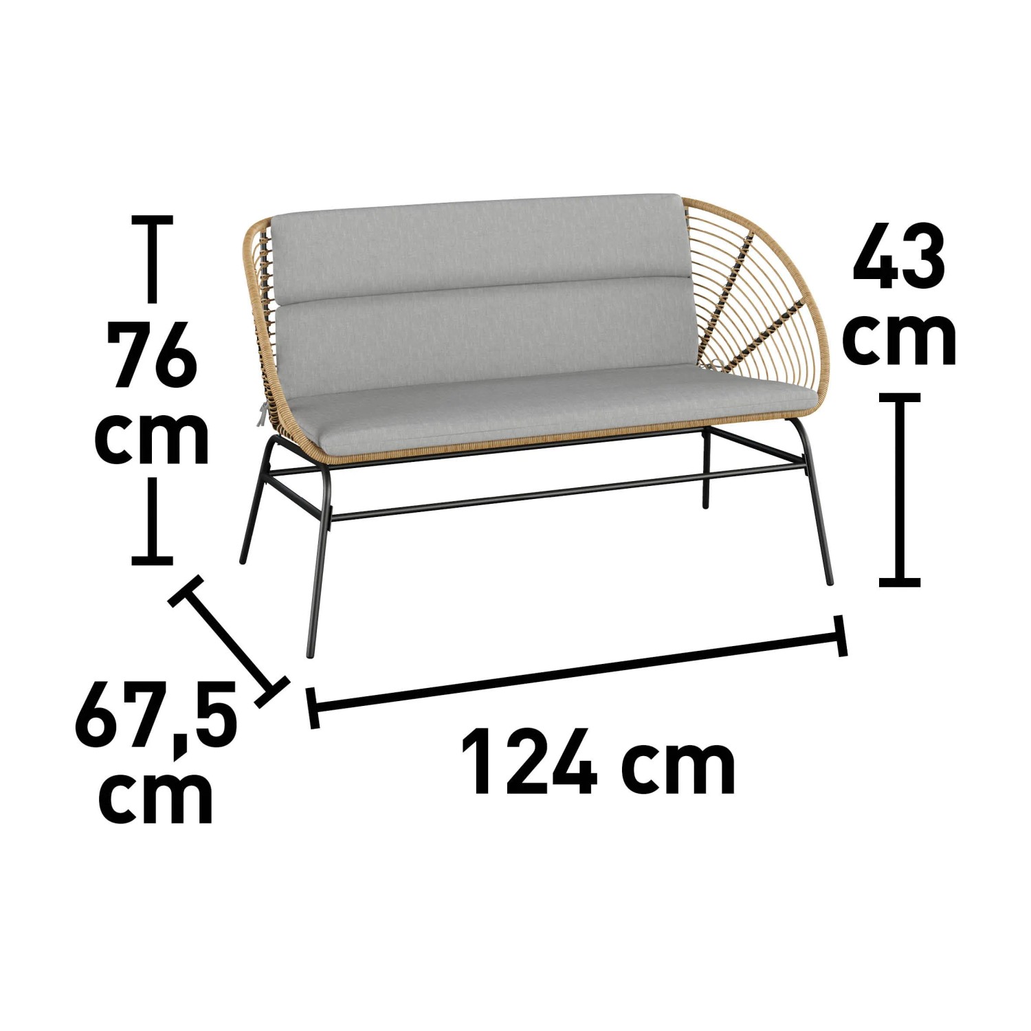 Sofa lounge Costilla, część 4-częściowego zestawu lounge, wicker naturalny, z jasnoszarymi poduszkami i wymiarami.