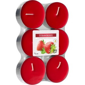 Świeczki zapachowe truskawkowe, 6 sztuk. Czerwone świece w folii aluminiowej dla przyjemnej atmosfery.