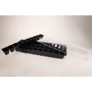 Taca do wysiewu z pojedynczymi doniczkami i pokrywą do szklarni i rozmnażania.