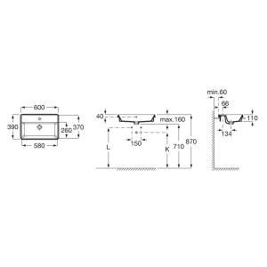 Rysunek techniczny umywalki nablatowej t.b.t. z wymiarami do instalacji.