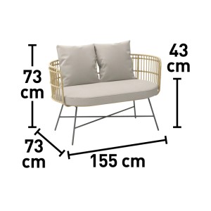 Zbliżenie: Zestaw wypoczynkowy Hillston, sofa 2-osobowa z naturalnego polyrattanu z beżowymi poduszkami i wymiarami.