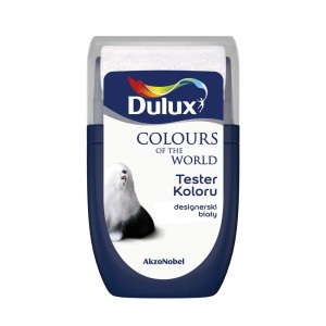 Tester farby Dulux Designer White, wałek do malowania ścian.