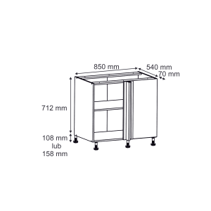 Rysunek techniczny szafki dolnej z wymiarami. Idealny do planowania przestrzeni do przechowywania.