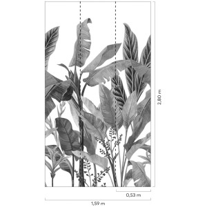 Tapeta dekoracyjna z motywem liści tropikalnych w czerni i bieli. Aranżacja ściany z dżunglą.