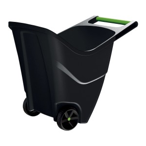 Czarny wózek ogrodowy t.b.t. z kołami i zielonym uchwytem do prac ogrodowych.