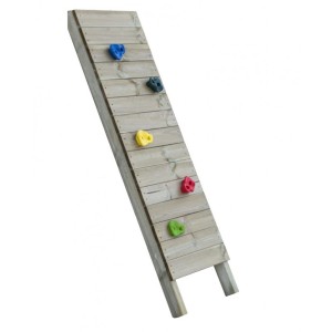 Drewniana ścianka wspinaczkowa z kolorowymi uchwytami do ogrodu.