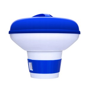 Niebiesko-biały pływak dozujący do pielęgnacji basenu, do dozowania tabletek chloru.