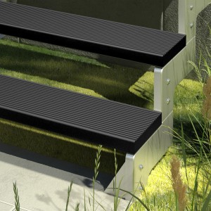 Schody zewnętrzne Dolle Gardentop ze stopniami Trimax w kolorze antracytowym i aluminiową poręczą.