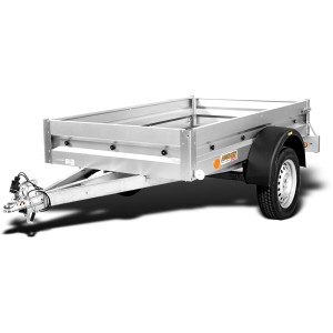 Przyczepa t.b.t., srebrna, z czarnym błotnikiem.