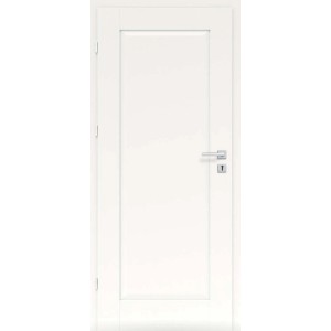 Białe drzwi wewnętrzne t.b.t. z srebrną klamką do użytku wewnętrznego.