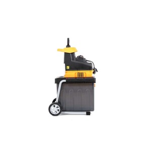 Elektryczny rozdrabniacz ogrodowy z pojemnikiem, żółto-czarny.