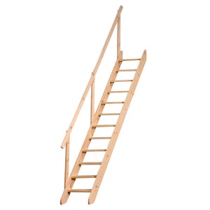 Drewniane schody wewnętrzne, surowe, z poręczą.