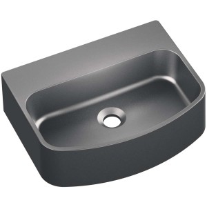 Szara umywalka nablatowa t.b.t. o zaokrąglonym kształcie z centralnym odpływem.