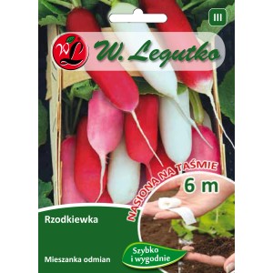 Opakowanie nasion rzodkiewki 't.b.t.' z odmianami czerwonymi i białymi, taśma nasienna 6m.