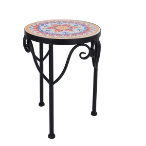 Dekoracyjny stojak na kwiaty z mozaikowym blatem i czarną metalową ramą.