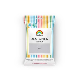 Tester koloru Luna Beckers Designer Colour, szara farba do ścian w kolorowym woreczku.