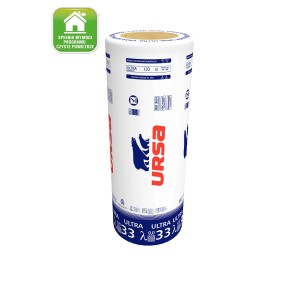 Rolka wełny mineralnej t.b.t., białe opakowanie z niebieskim logo Ursa.