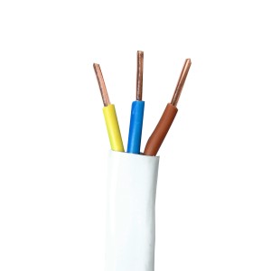 Kabel t.b.t. z trzema kolorowymi żyłami (żółty, niebieski, brązowy) i białą izolacją.
